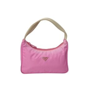 PRADA Hobo Handbag Triangle Logo Tessuto Pink Beige Tan